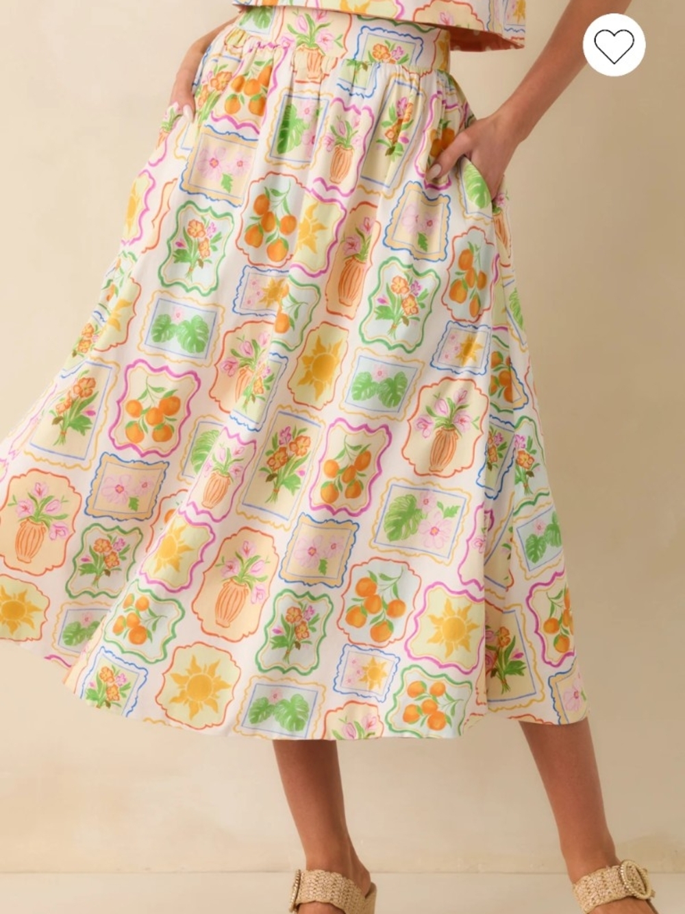 Women's Printed Midi Skirt in Cream with Pastel Floral & Fruit Motif